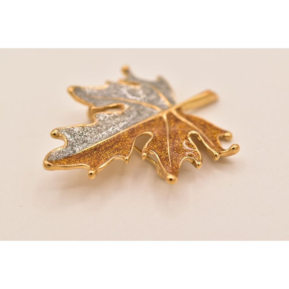 Vintage Autumn Fall Glitter Enamel Leaf Pin Brooch Silver Gold NOS 1990s BinA18 - Picture 10 of 12